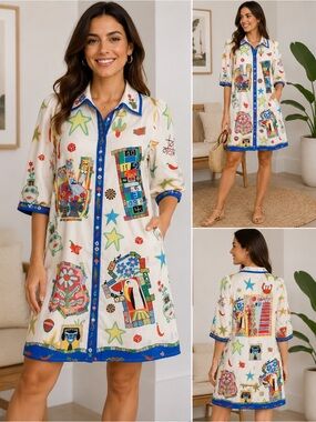 No Brand Colorful Folk Art Cotton Linen Shirt Dress M Whimsical Print New